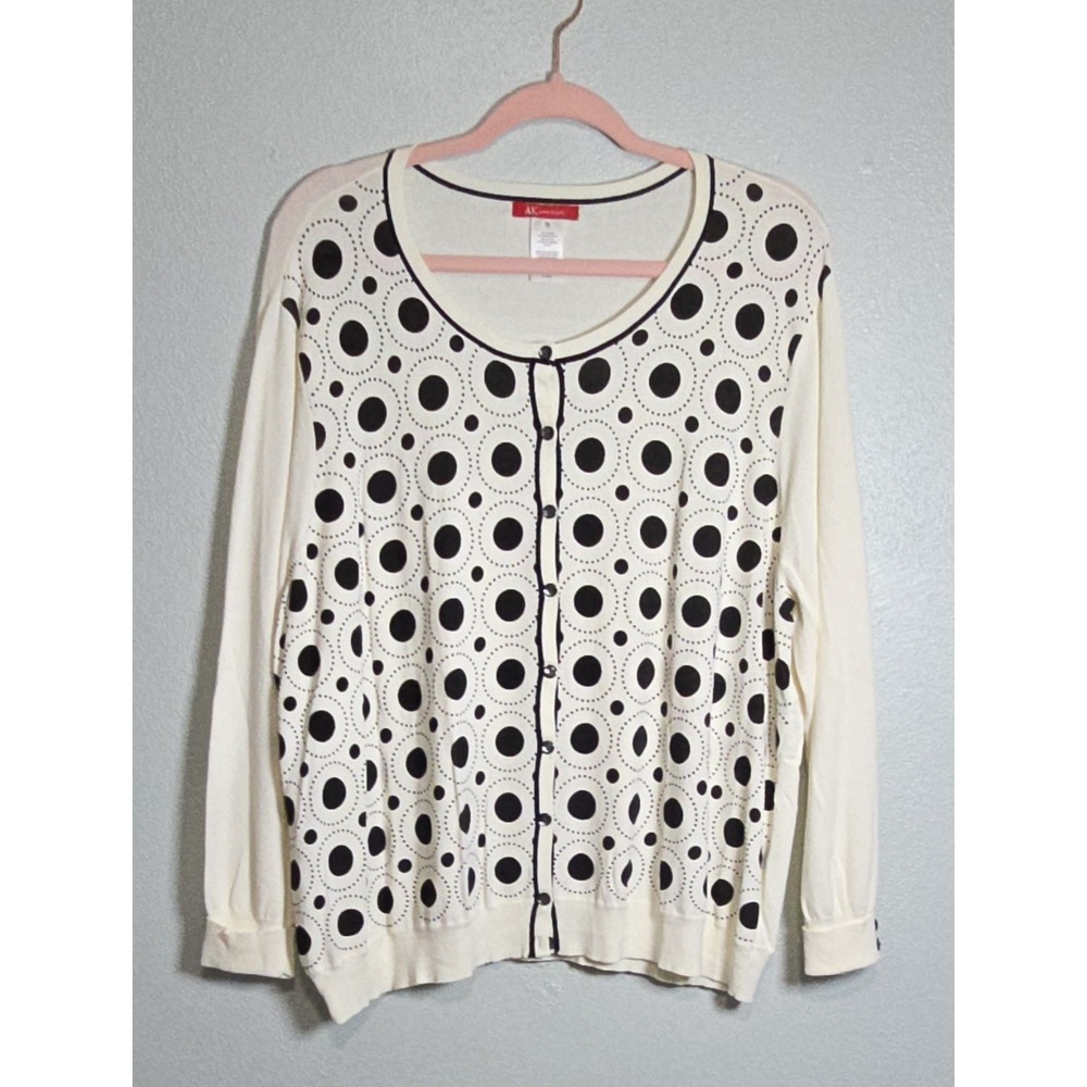 Anne Klein AK Women's Plus 2X Cardigan Sweater Black White Polka Dot Rayon Blend
